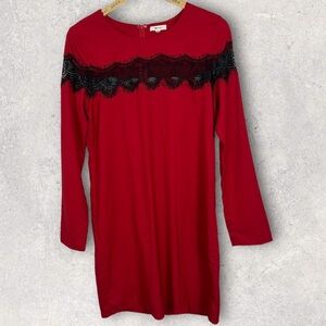 Everly Red Black Lace Long Sleeve Dress Size Large Style ED2245 Round Neck Boho